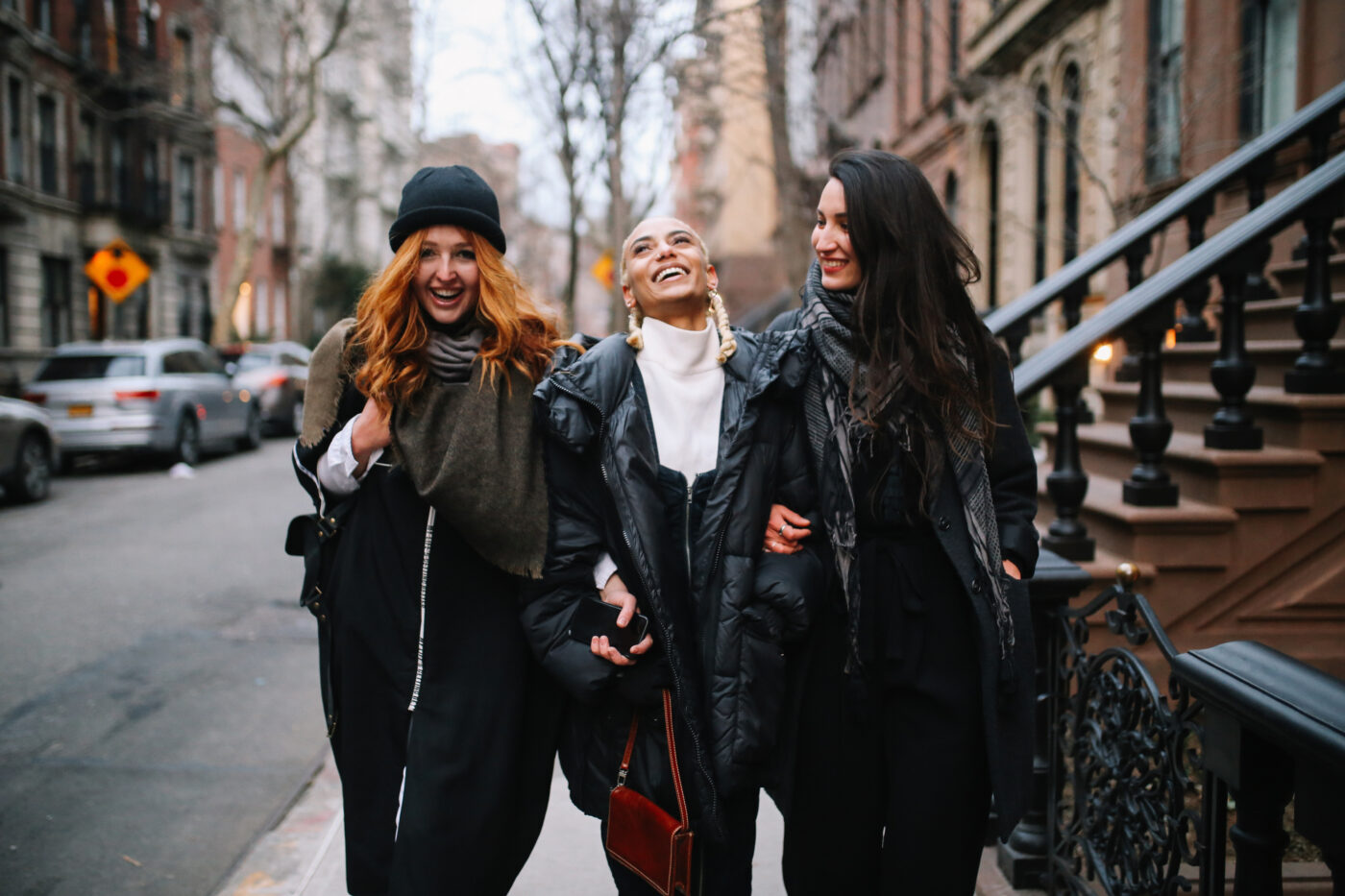 Young women walking and laughing in New York